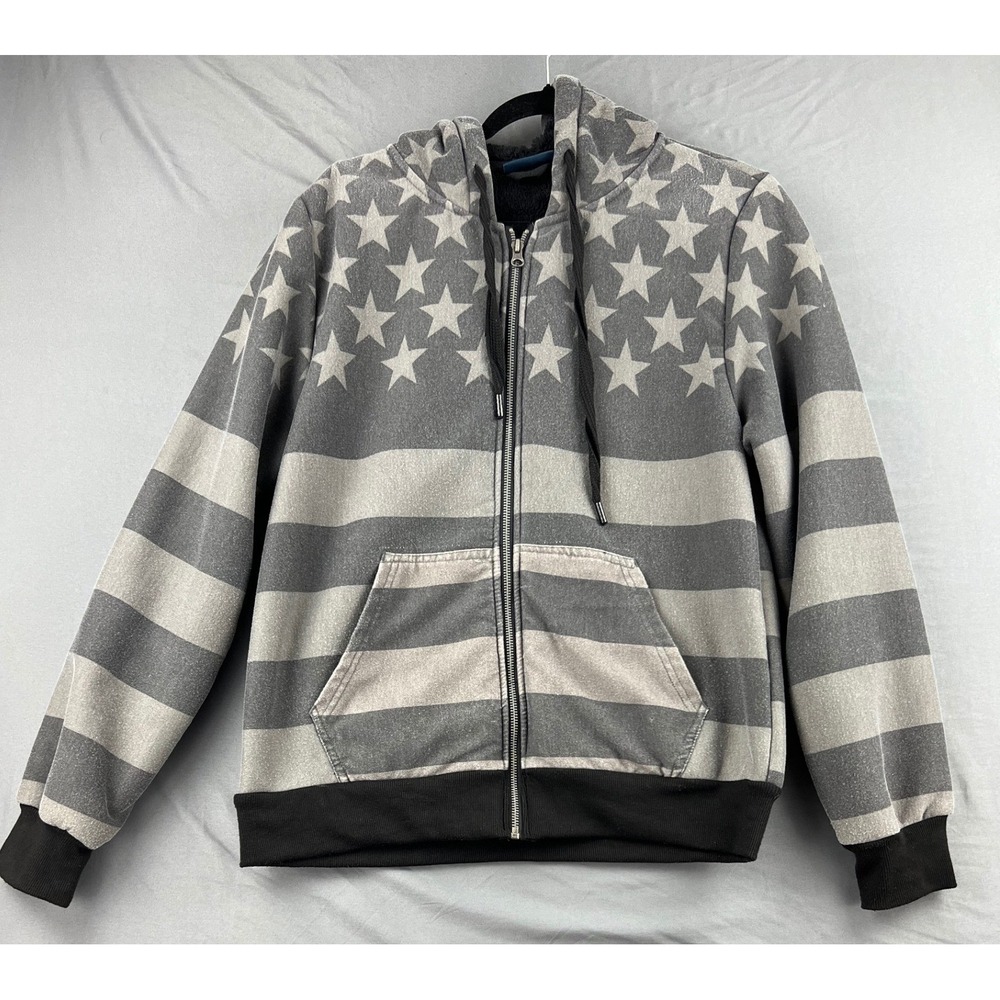Canyon Creek Hoodie Mens Small American Flag Sherpa Lined Full Zip Gray Good